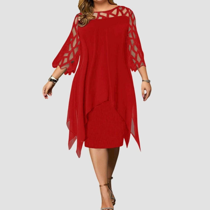 Women's Plus Size Lace-Overlay 3/4 Sleeve Chiffon Midi Dress - Red