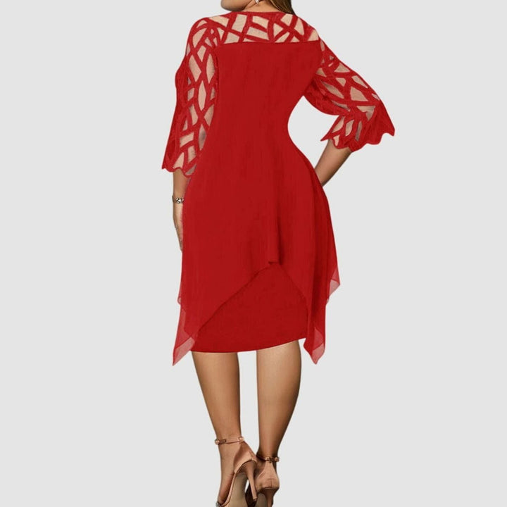 Women's Plus Size Lace-Overlay 3/4 Sleeve Chiffon Midi Dress