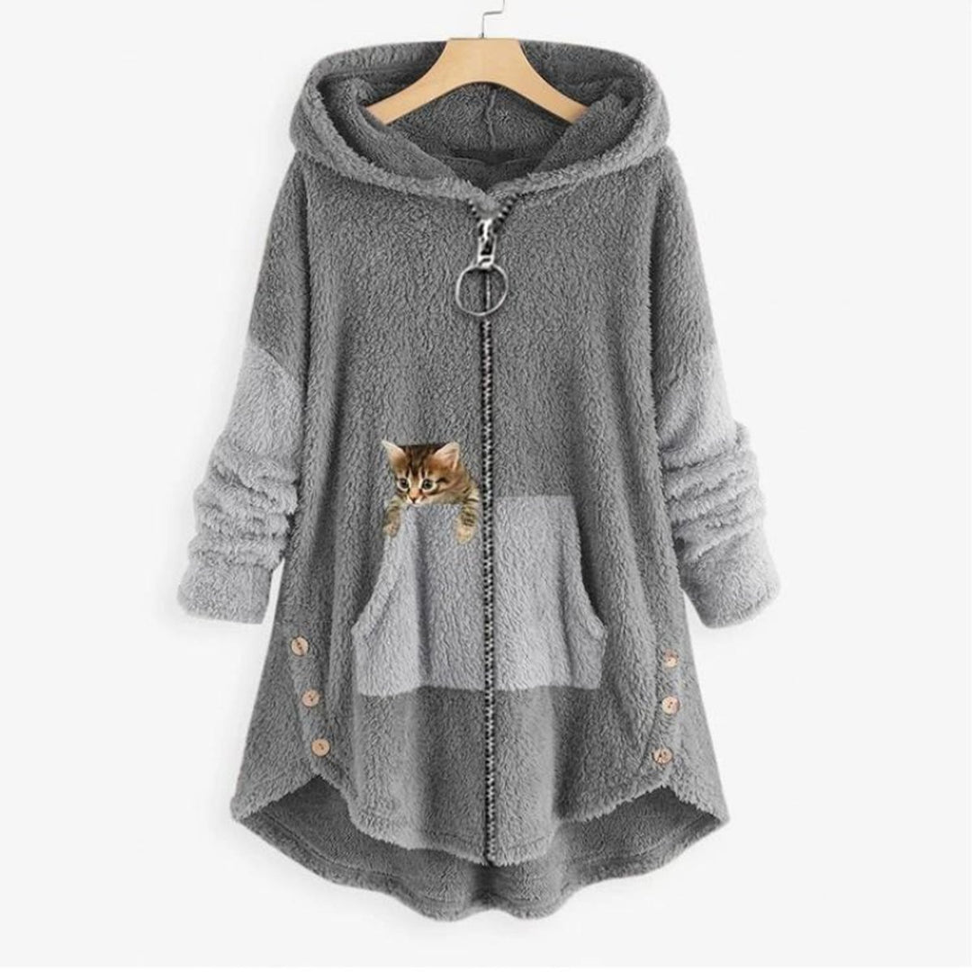 Women's Plush Fleece Zip-Up Hooded Sweater Cat Pocket - Gray