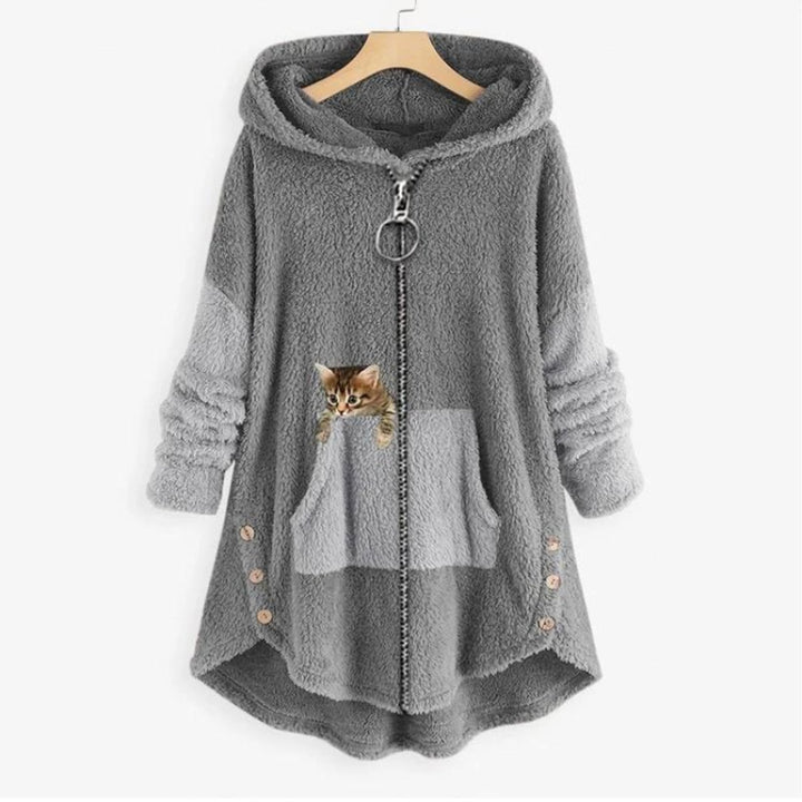Women's Plush Fleece Zip-Up Hooded Sweater Cat Pocket - Gray