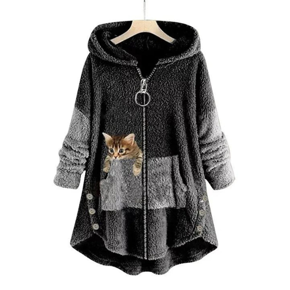 Women's Plush Fleece Zip-Up Hooded Sweater Cat Pocket - Dark Gray