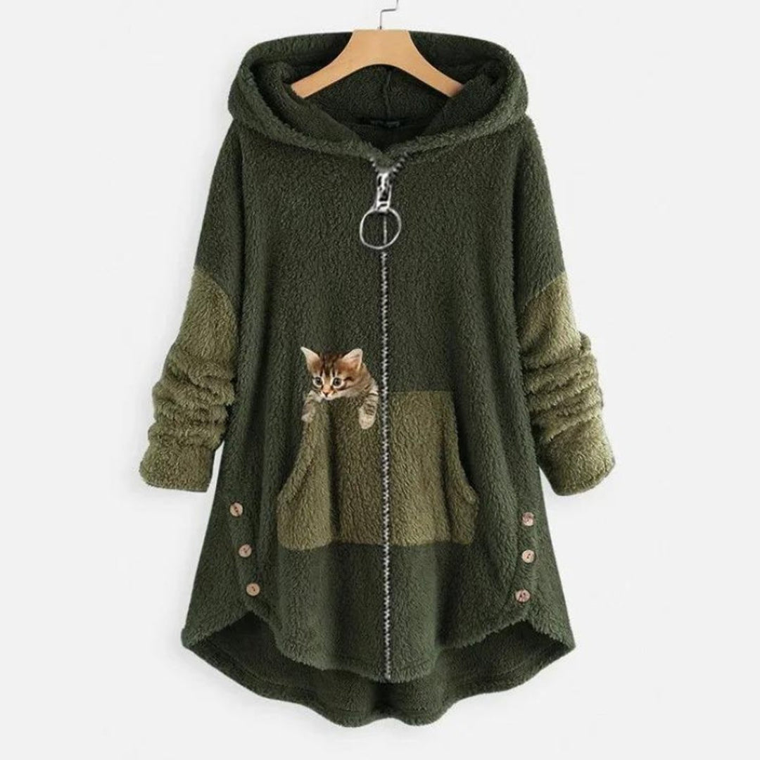 Women's Plush Fleece Zip-Up Hooded Sweater Cat Pocket - Green