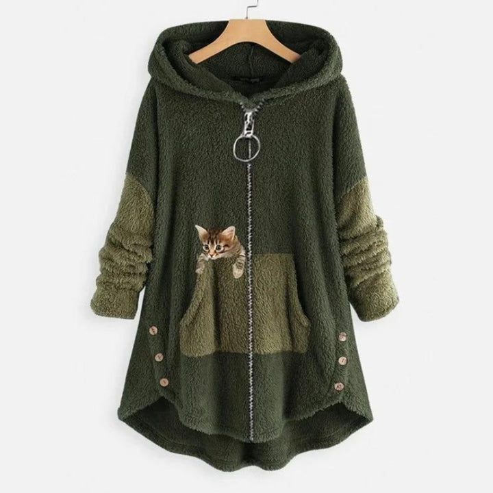 Women's Plush Fleece Zip-Up Hooded Sweater Cat Pocket - Green