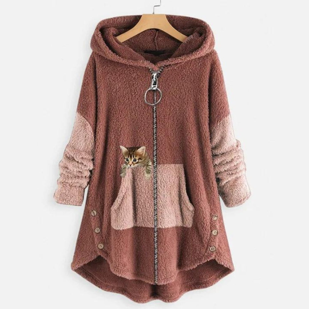 Women's Plush Fleece Zip-Up Hooded Sweater Cat Pocket - Pink