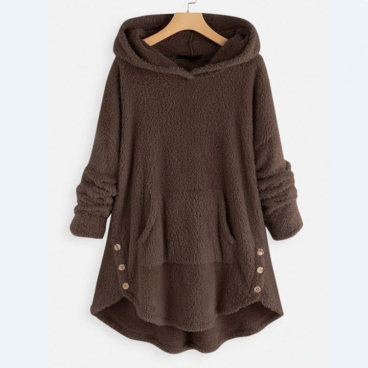 Women's Plush Fleece Zip-Up Hooded Sweater Cat Pocket - Brown