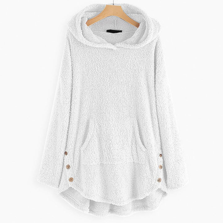 Women's Plush Fleece Zip-Up Hooded Sweater Cat Pocket - White