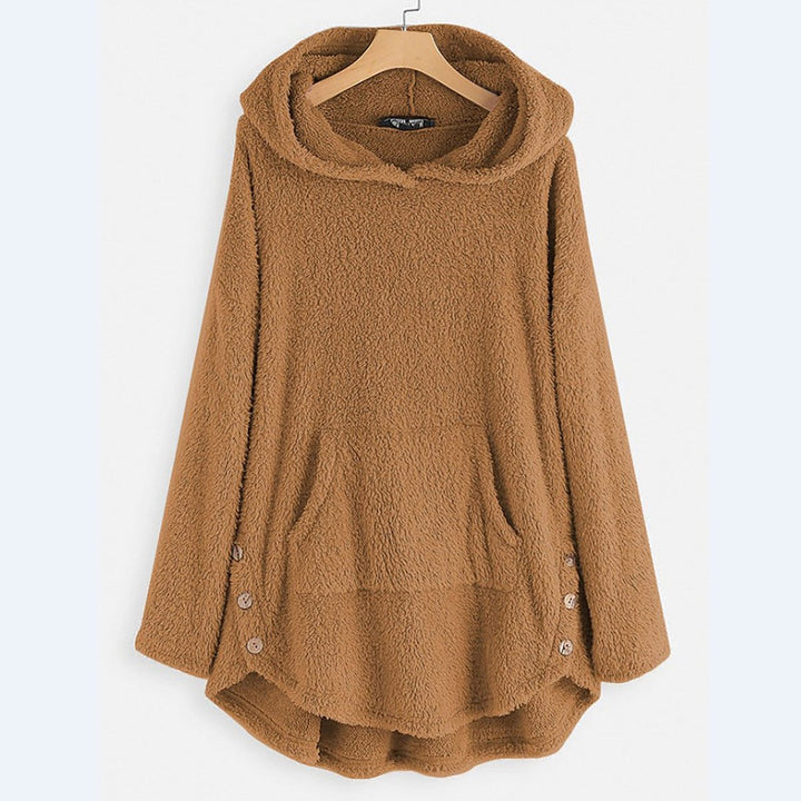 Women's Plush Fleece Zip-Up Hooded Sweater Cat Pocket - Beige