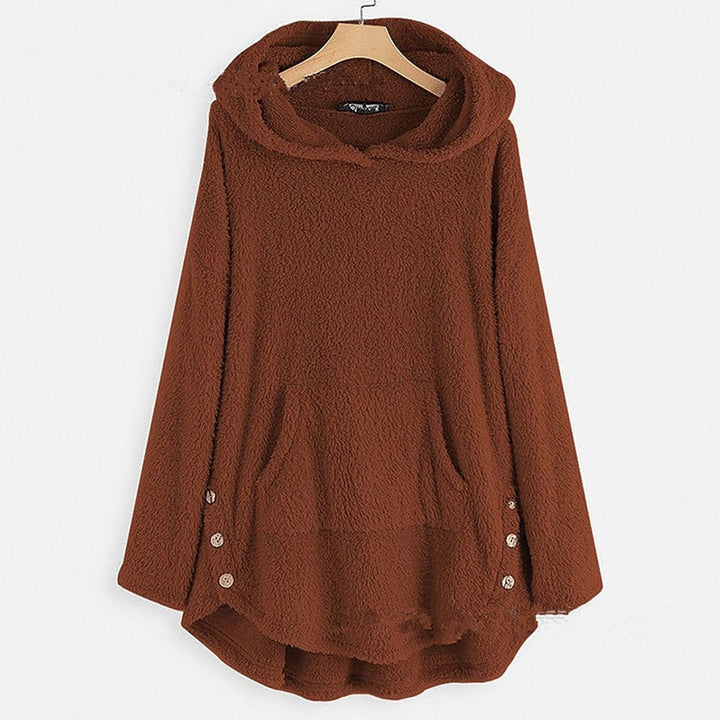 Women's Plush Fleece Zip-Up Hooded Sweater Cat Pocket - Burgundy