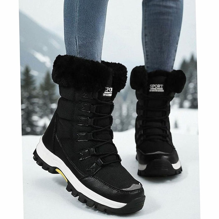 Women's Plush-Lined Lace-Up Snow Boots, White - Black