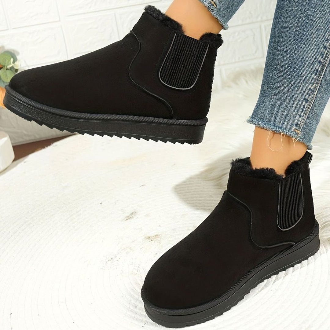 Women's Plush-Lined Slip-On Platform Winter Snow Ankle Boots, Black
