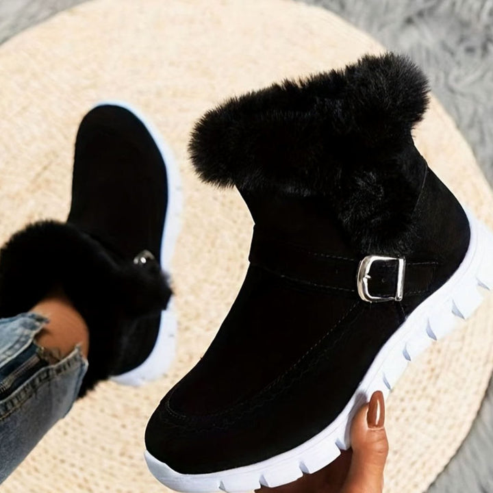 Women's Plush-Trimmed Buckle Ankle Snow Boots, Black - Black
