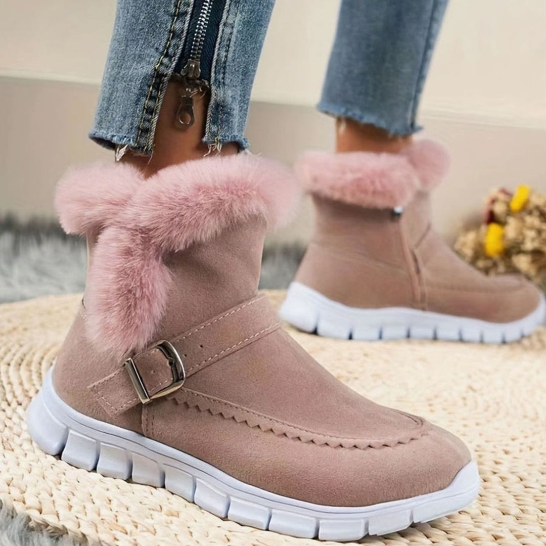 Women's Plush-Trimmed Buckle Ankle Snow Boots, Black