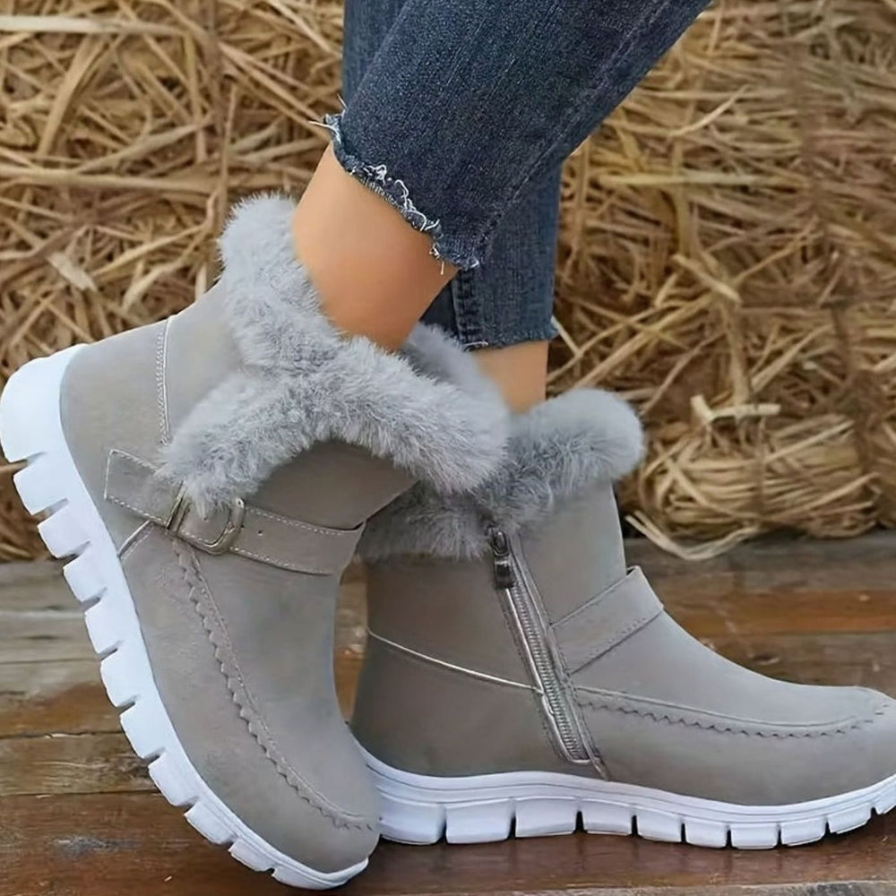 Women's Plush-Trimmed Buckle Ankle Snow Boots, Black