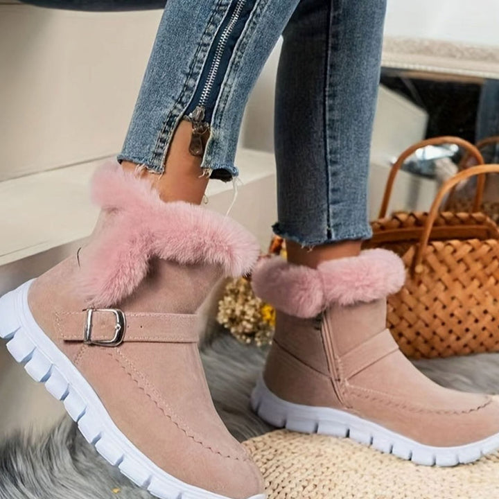 Women's Plush-Trimmed Buckle Ankle Snow Boots, Black