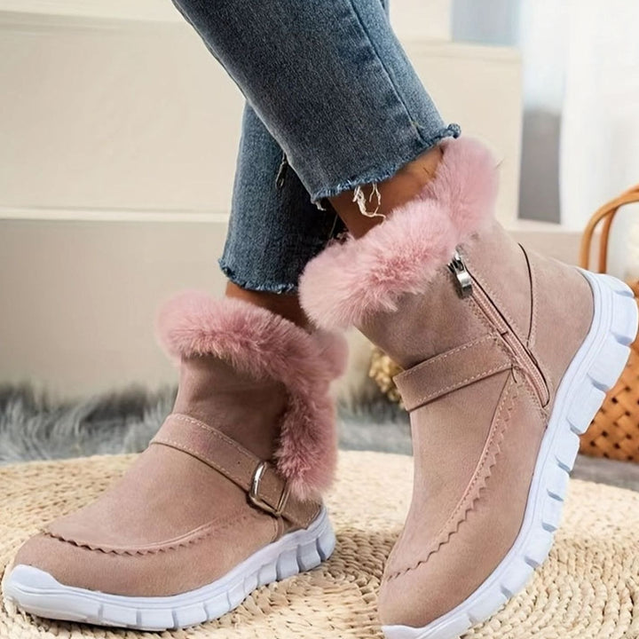 Women's Plush-Trimmed Buckle Ankle Snow Boots, Black - Pink
