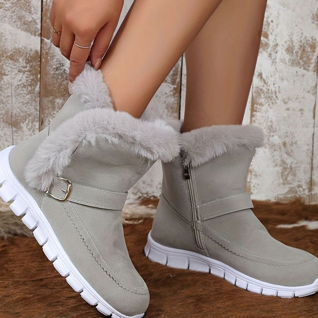 Women's Plush-Trimmed Buckle Ankle Snow Boots, Black - Grey
