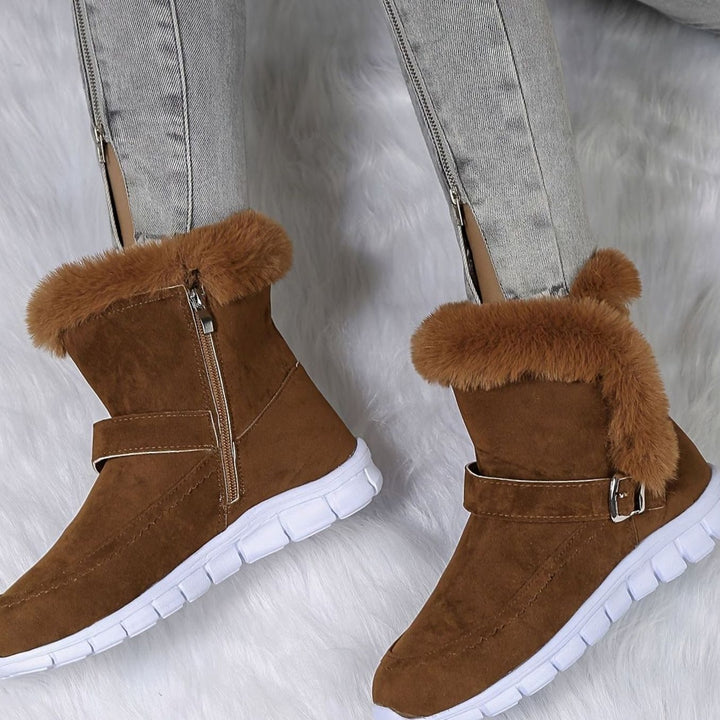 Women's Plush-Trimmed Buckle Ankle Snow Boots, Black - Brown
