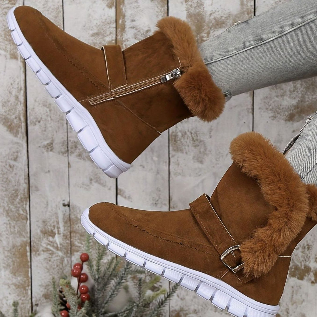 Women's Plush-Trimmed Buckle Ankle Snow Boots, Black