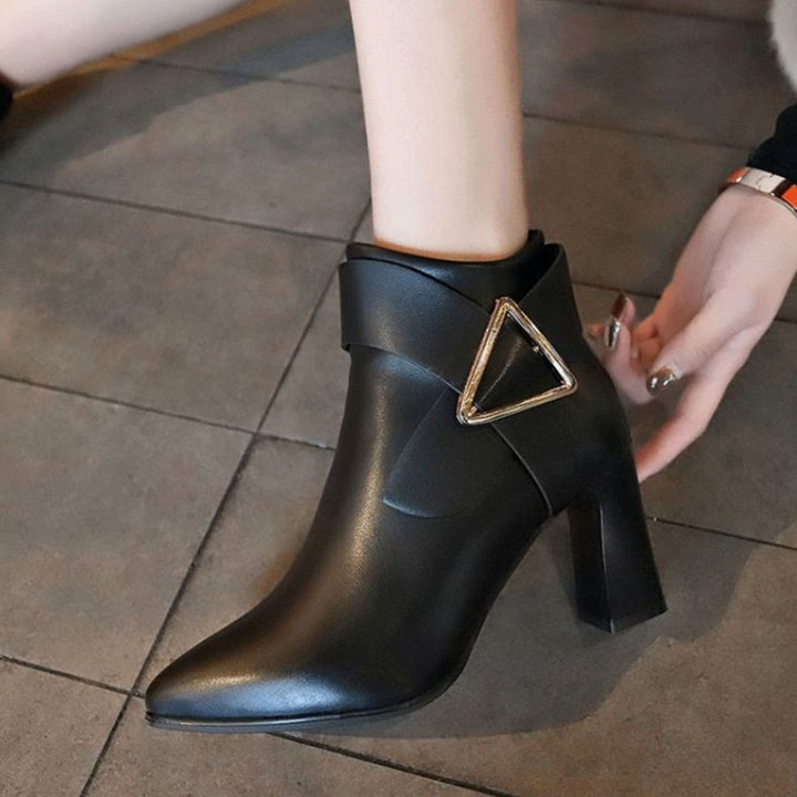 Women's Pointed-Toe Block Heel Buckle Ankle Boots