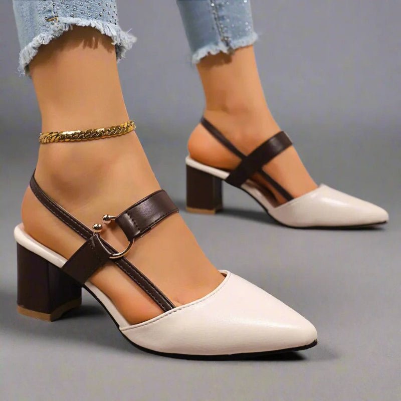 Women's Pointed-Toe Block-Heel Slingback Pumps Buckle Strap - Beige