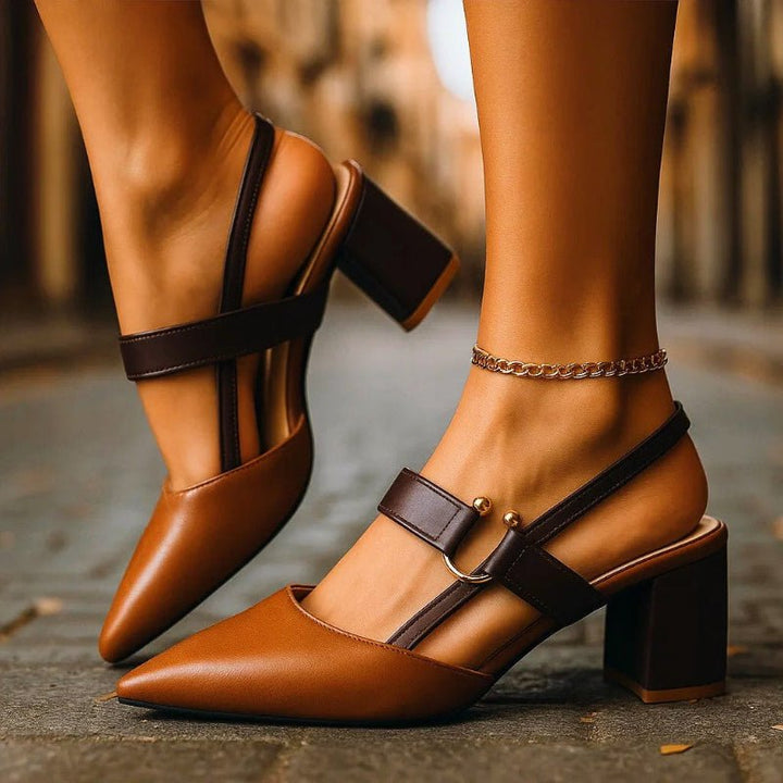 Women's Pointed-Toe Block-Heel Slingback Pumps Buckle Strap