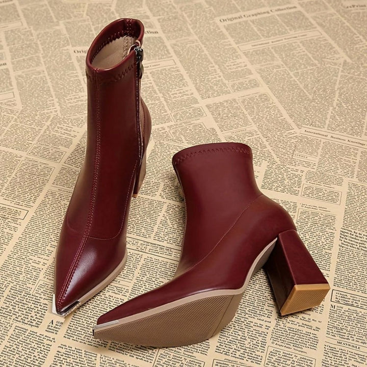Women's Pointed-Toe Chunky Heel Leather Ankle Booties, Burgundy - Brick Red