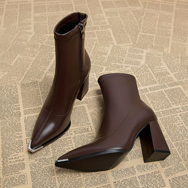 Women's Pointed-Toe Chunky Heel Leather Ankle Booties, Burgundy - Burgundy