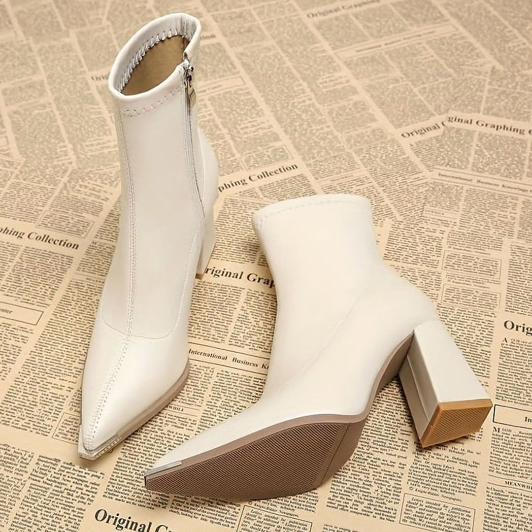 Women's Pointed-Toe Chunky Heel Leather Ankle Booties, Burgundy - Beige