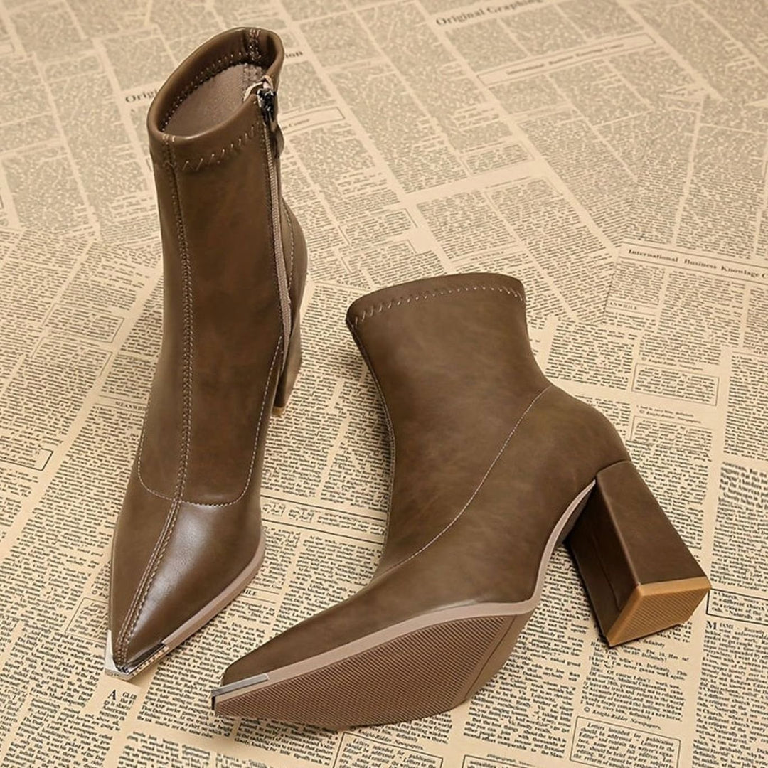 Women's Pointed-Toe Chunky Heel Leather Ankle Booties, Burgundy - Khaki