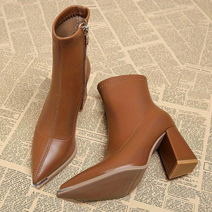 Women's Pointed-Toe Chunky Heel Leather Ankle Booties, Burgundy - Rust