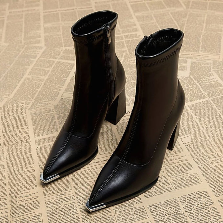 Women's Pointed-Toe Chunky Heel Leather Ankle Booties, Burgundy