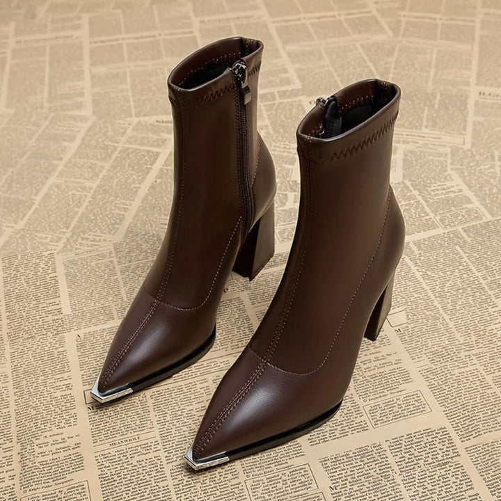 Women's Pointed-Toe Chunky Heel Leather Ankle Booties, Burgundy