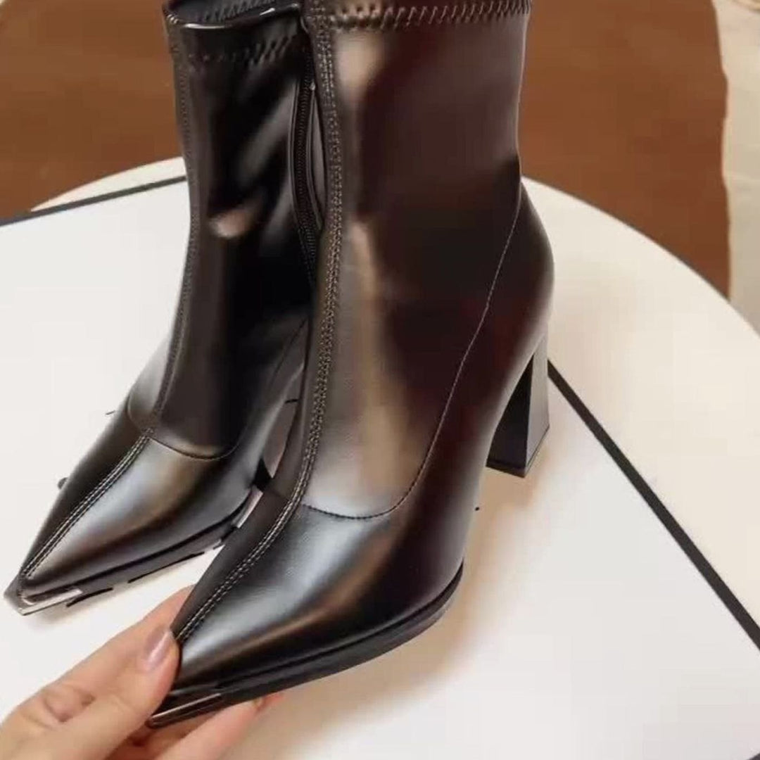 Women's Pointed-Toe Chunky Heel Leather Ankle Booties, Burgundy