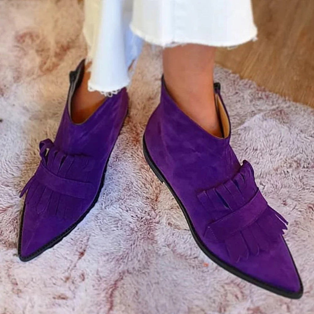 Women's Pointed-Toe Fringe Suede Slip-On Ankle Boots - Purple