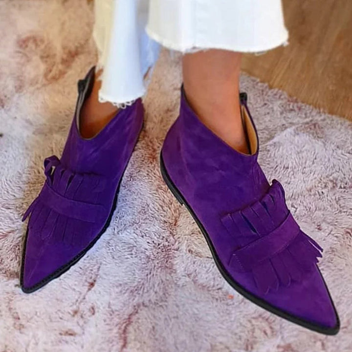 Women's Pointed-Toe Fringe Suede Slip-On Ankle Boots - Purple