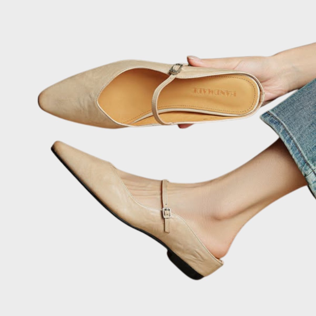 Women's Pointed-Toe Leather Mary Jane Buckle-Strap Mule Flats - Beige