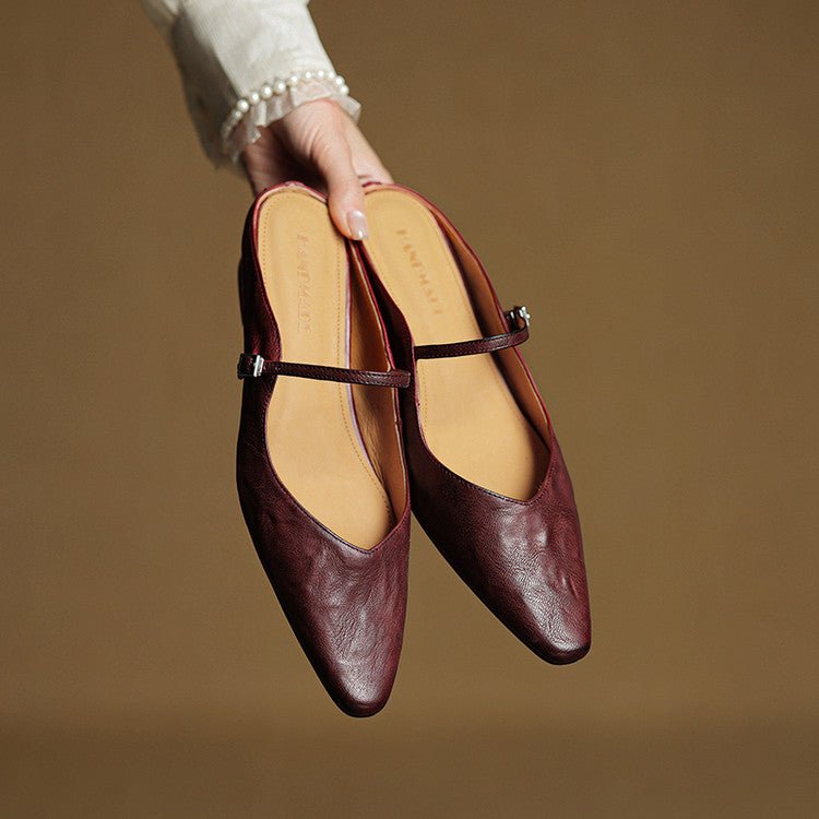 Women's Pointed-Toe Leather Mary Jane Buckle-Strap Mule Flats