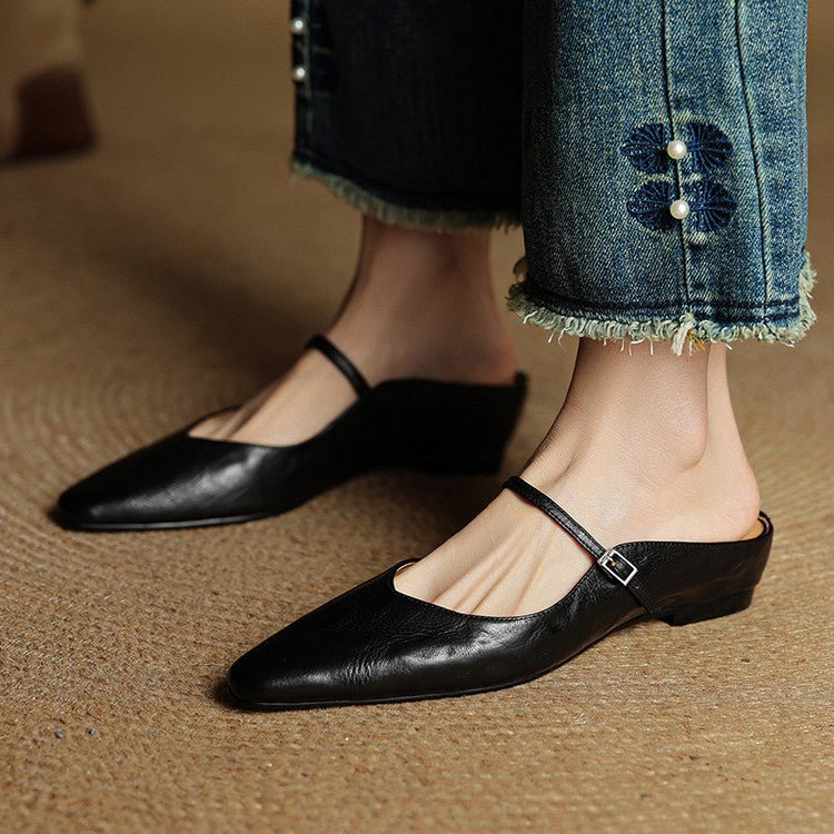 Women's Pointed-Toe Leather Mary Jane Buckle-Strap Mule Flats