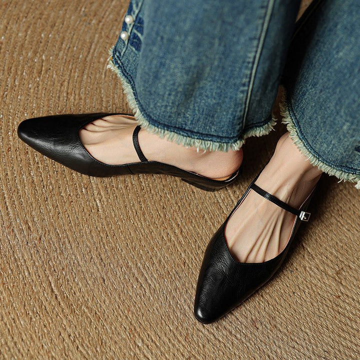 Women's Pointed-Toe Leather Mary Jane Buckle-Strap Mule Flats