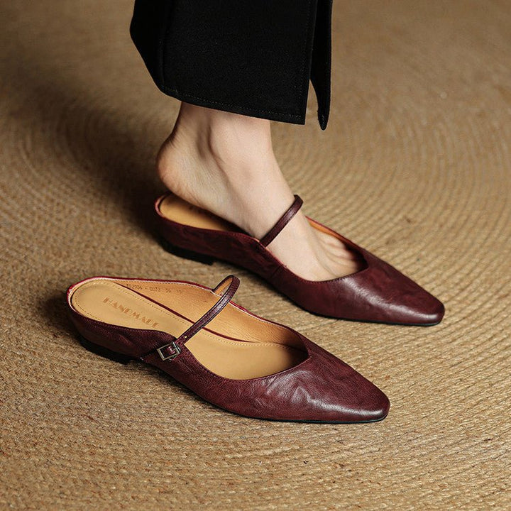 Women's Pointed-Toe Leather Mary Jane Buckle-Strap Mule Flats - Braun
