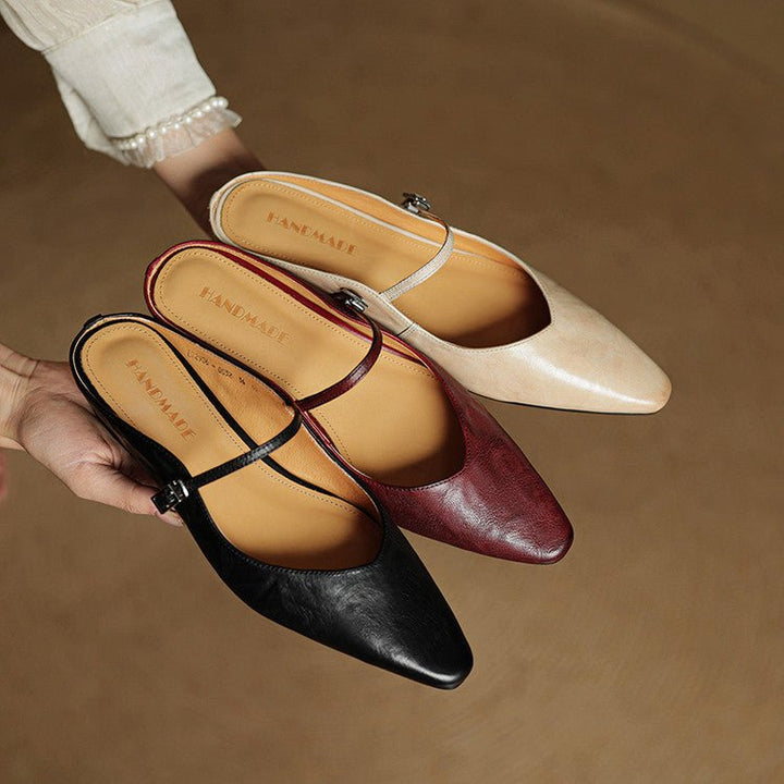 Women's Pointed-Toe Leather Mary Jane Buckle-Strap Mule Flats