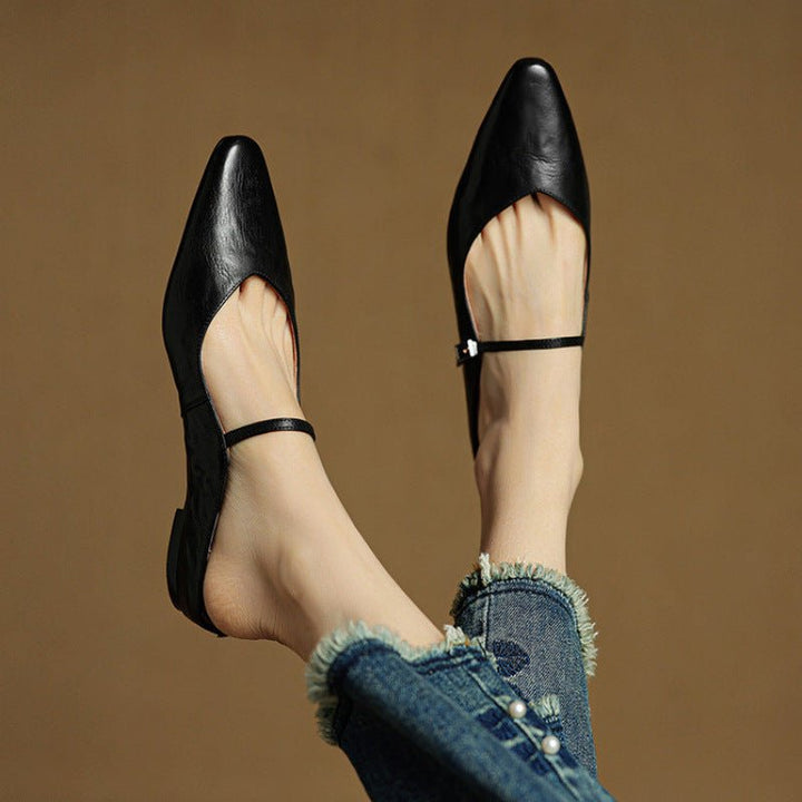 Women's Pointed-Toe Leather Mary Jane Buckle-Strap Mule Flats - Schwarz