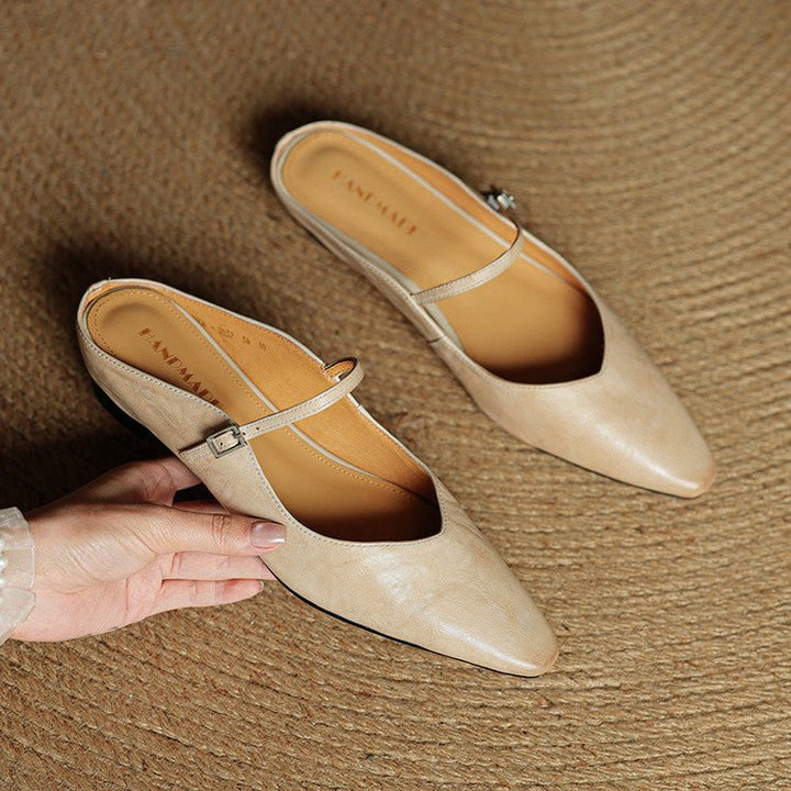 Women's Pointed-Toe Leather Mary Jane Buckle-Strap Mule Flats