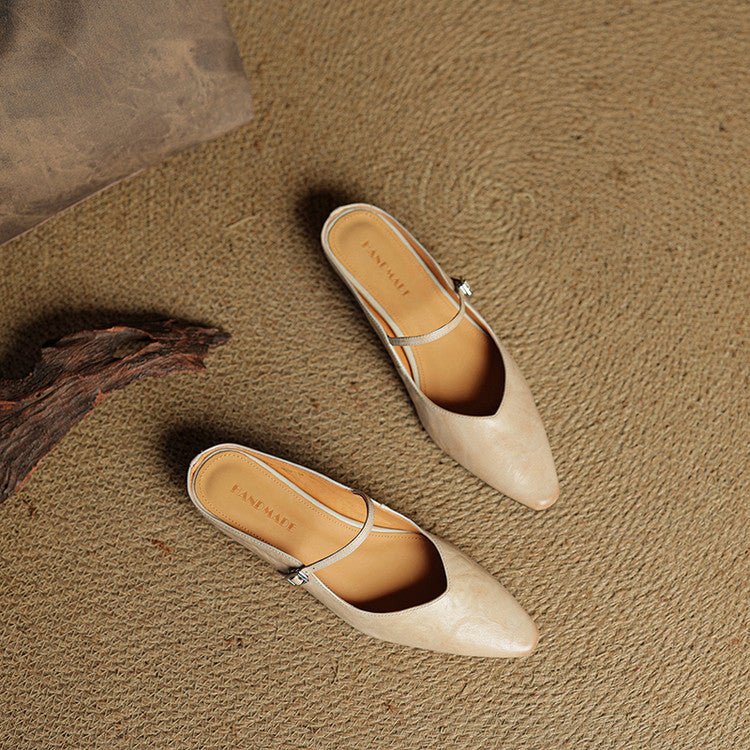 Women's Pointed-Toe Leather Mary Jane Buckle-Strap Mule Flats