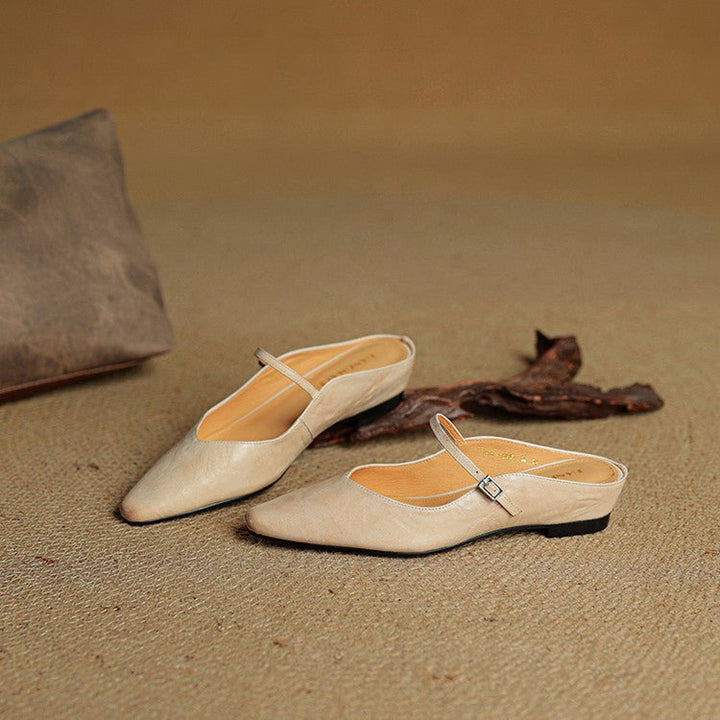 Women's Pointed-Toe Leather Mary Jane Buckle-Strap Mule Flats