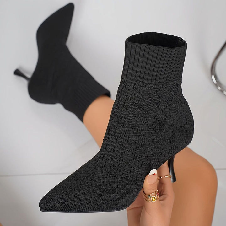 Women's Pointed-Toe Sock-Style Kitten Heel Ankle Boots - Black