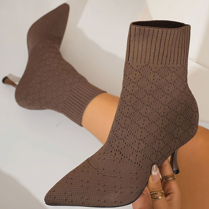 Women's Pointed-Toe Sock-Style Kitten Heel Ankle Boots - Dark Brown