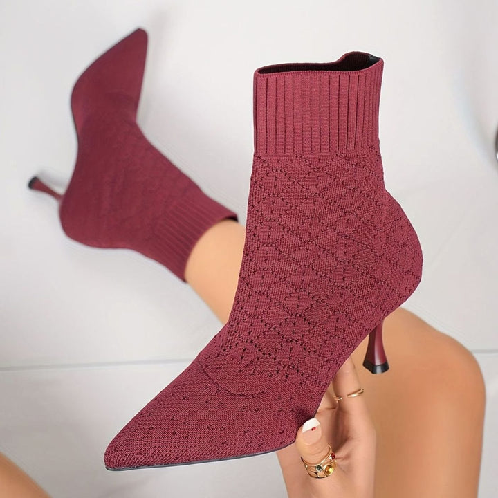 Women's Pointed-Toe Sock-Style Kitten Heel Ankle Boots - Burgundy