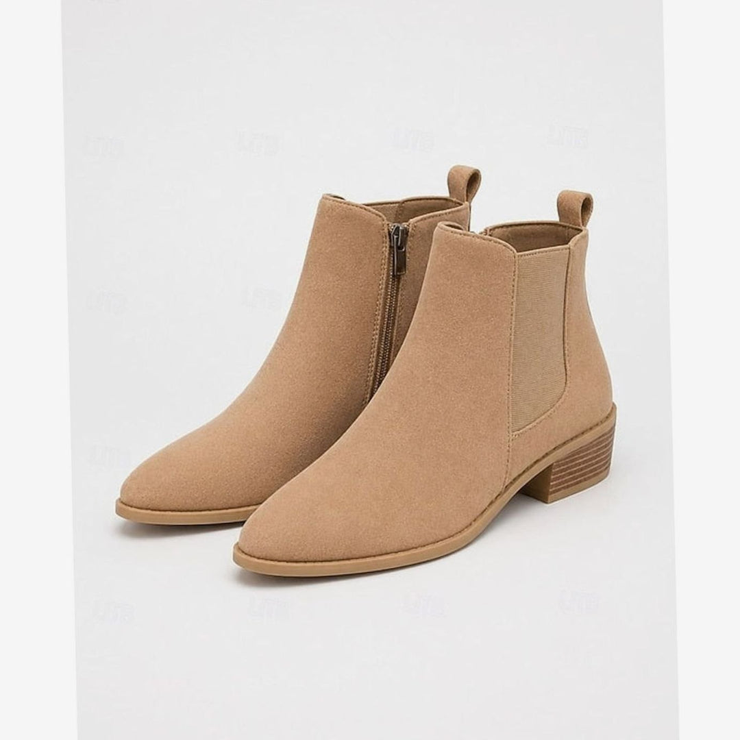 Women's Pointed-Toe Suede Chelsea Ankle Booties Low Block Heel - Khaki
