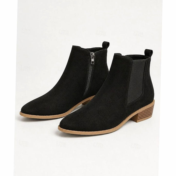 Women's Pointed-Toe Suede Chelsea Ankle Booties Low Block Heel - Black